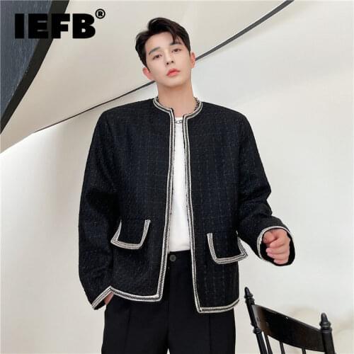 IEFB Light Luxury Mens Woolen Jacket 2021 Autumn Winter Fashion Woven Collarless Design Cardigan Coat High Quality Black Cloth