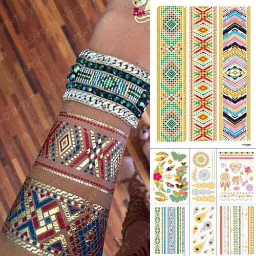 Waterproof Temporary Tattoo Sticker Metallic Gold Silver Henna Bracelet Jewelry Flash Tatoo Indian Hand Painted Art Fake Tatto