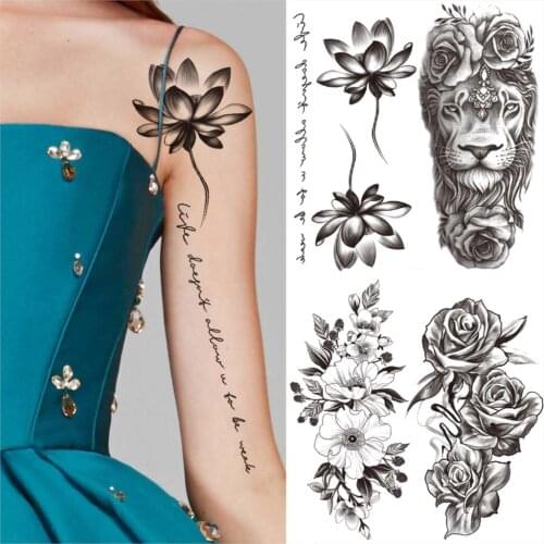 Sexy Lotus Verse Temporary Tattoos For Women Men Adult Rose Flower Lion Fake Tattoo Sticker Unique Half Sleeve Front Arm Tatoos