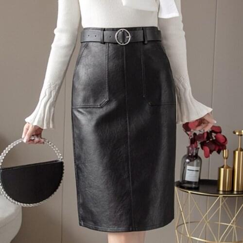Autumn Winter Black PU Leather Pencil Midi Skirts Fashion Pockets High Waist Back Split Sheath Wrap Skirts with Belt Slim 17101