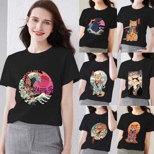 Womens Fashion T-shirt Summer Ladies Leisure Japanese Vitality Cartoon Cat Top Pattern Printing Series Slim Sports O-neck Top
