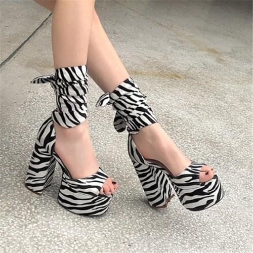 PXELENA Leopard Strip Women Goth Punk Gladiator Sandals Platform Block Chunky High Heel Cross tied Nightclub Rome Strappy Shoes