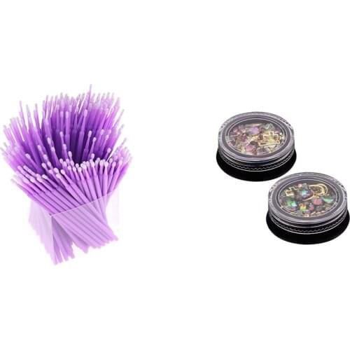 2 Box 3D Nail Jewelry Tip Diamond Flat Jewel Stone Nail Rhinestone & 200Pcs Applicators Eyelash Swab Micro- Brush