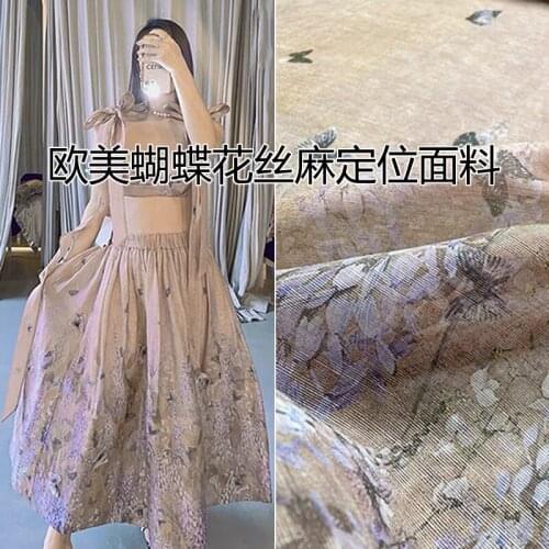 2021 Fashion Brand Lavender Womens Clothing Dress High Custom Silk and Linen Printed Surface Fabric