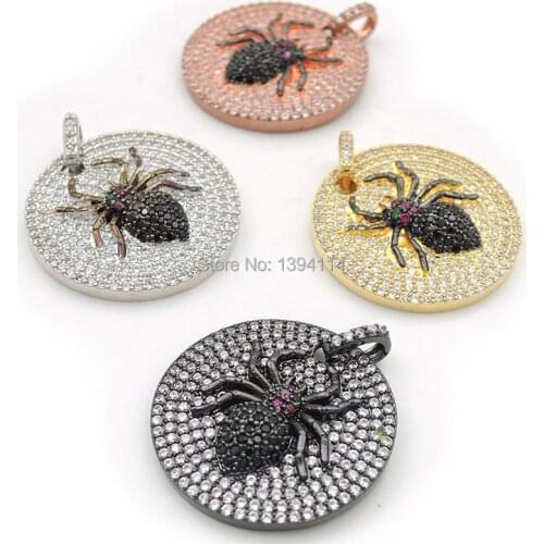 24*24*4mm Micro Pave Clear&Black&Fuchsine CZ Spider Relief Round Charms Fit For Making Necklaces Jewelry