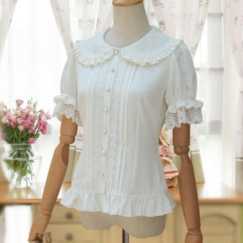 White Solid Sweet Lolita Shirt Short Puff Sleeve Peter Pan Collar White Ruffle Blouse for Ladies Tops