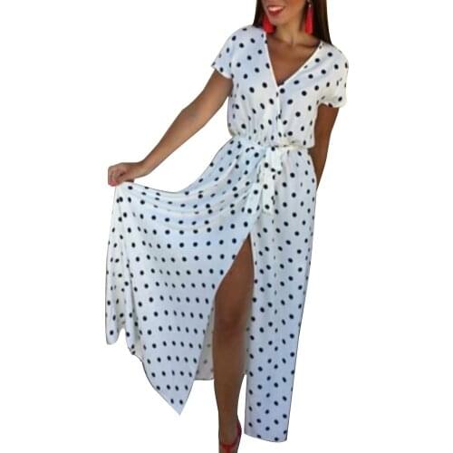 Bohemian Women Sexy High Split Polka Dot Deep V Short Sleeve Maxi Dress