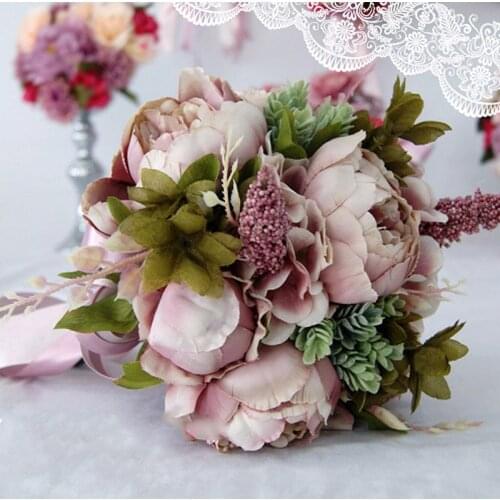 Artificial Foam Rose Bridal Wedding Bouquets Handmade Holding Rhinestone Decor Lace Edge Collar Long Ribbon Beaded Chain
