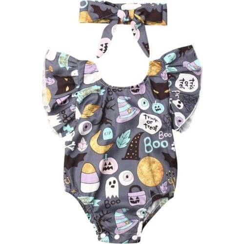 Lioraitiin 2PCS 0-24M Toddler Baby Girl Halloween Bodysuit Off Shoulder Print Pumpkin Skull O-Neck Jumpsuit Headband Clothes Set