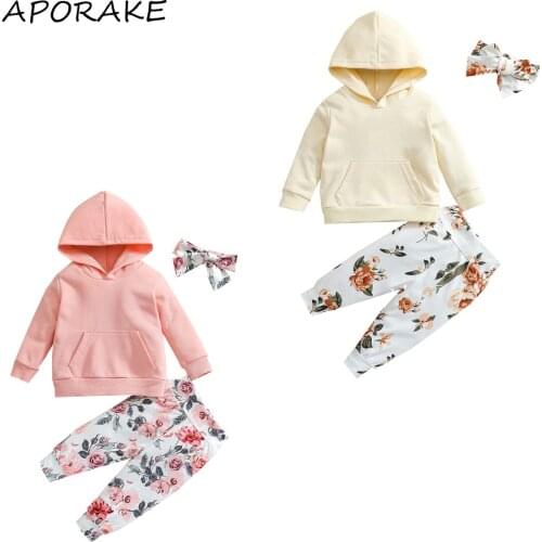 2021 0-24M Infant Baby Girls Clothes Set Solid Color Long Sleeve Hooded Top With Pocket+Floral Print Trousers+Headband Fall 3pcs