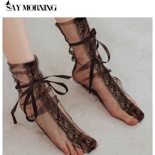 SAY MORNING Lace Frilly Ruffle Bow Socks Girls High Ankle Tulle Sexy Silk Gauze See-through Sock Female Perspective Bundled Sox
