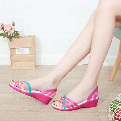 Summer Wedge Sandals Jelly Shoes Slip On Beach Shoes Peep Toe Sandals Lady Breathable Clogs Candy Color Footwear Non-Slip Shoes
