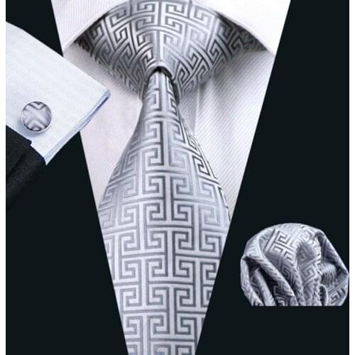 LS-484 Hot Men`s Tie 100% Silk Gray Jacquard Woven Novelty Classic Tie+Hanky+Cufflinks Set For Formal Wedding Business Party