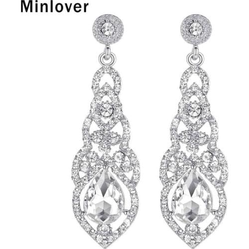 Minlover New Crystal Wedding Long Earrings for Women Champagne Blue Gold Color Bridal Earrings 2018 Wedding Jewelry EH444