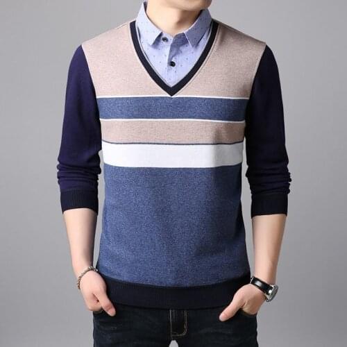 Arctic velvet mens Pullover Sweater with plush and thickened fake two-piece shirt collar for slim fit