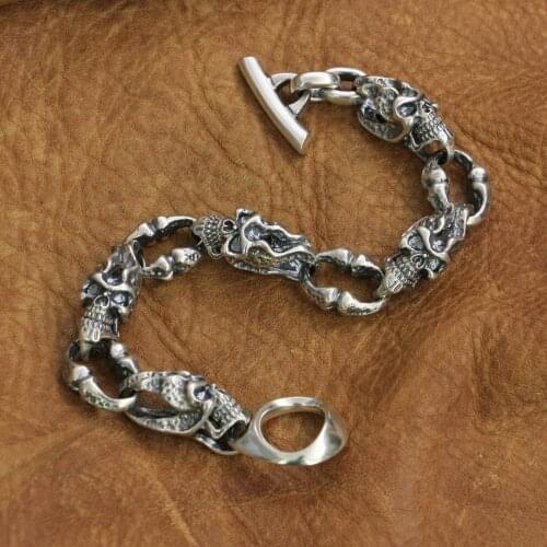Huge 925 Sterling Silver Skulls Chain Mens Biker Rock Punk Bracelet TA263