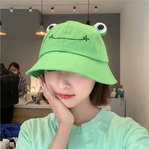 Fashion green frog bucket hat summer autumn girl cotton panama hat outdoor hiking basin hat beach fishing hat men sun hat Bob