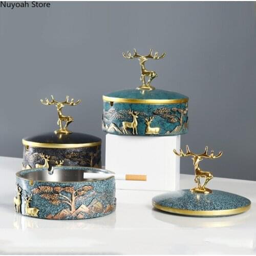 Chinese Style Light Luxury Ashtray with Lid Home Living Room Anti-fly Ash Ashtray Creative Storage Box Decorative Ornaments