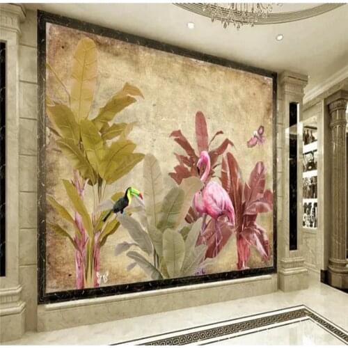 Custom wallpaper European retro banana tree flamingo background wall decoration waterproof quality material