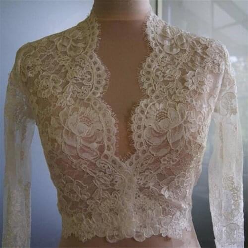 Luxury High V Neck Wedding France Lace Appliques White Ivory Jackets Long Sleeve Bridal Wraps Shawl Shrug Custom Size Jacket