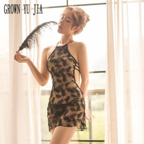 Sexy woman Nightgown Sling Skirt Erotic Hot babydoll lingerie night sleepwear Lace transparent Backless Ladies porno night dress