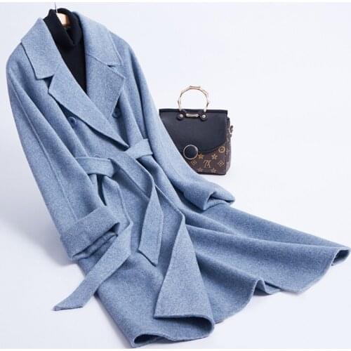 Double face wool flannel women long slim sashes overcoat suits collar slanting pockets EU/S-2XL retail wholesale