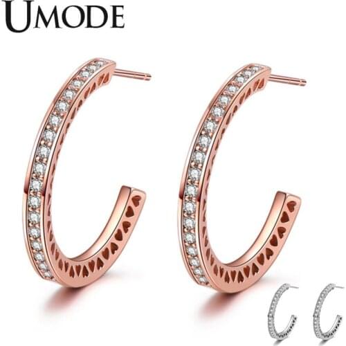 UMODE New Clear Round Zircon Open C Shape Drop Earring for Women Rose&White Gold CZ Crystal Jewelry Heart Drop Gift AUE0532