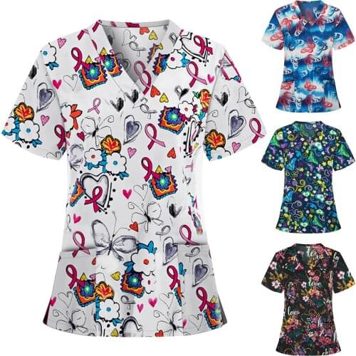 Plus Size S-XXL Women Butterfly Print Nursing Scrubs Top Health Care Work Uniform With Pocket Short Sleeve V-Neck T-shirt A50