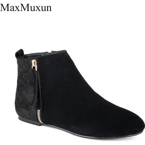 MaxMuxun Women Booties Classic Black Flat Heel Ankle Boots For Women Spring Autumn Fashion Ladies Black Boots Causal Short Boot