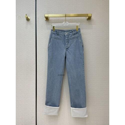 Blue Luxury Denim Brand Pants Women 2021 Autumn High Waist Straight Turn Up Cartoon Embroidery All-match Casual Slim Jeans