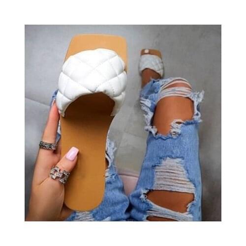 New faux leather square head grid flat bottom indoor and outdoor ladies sandals and slippers slides