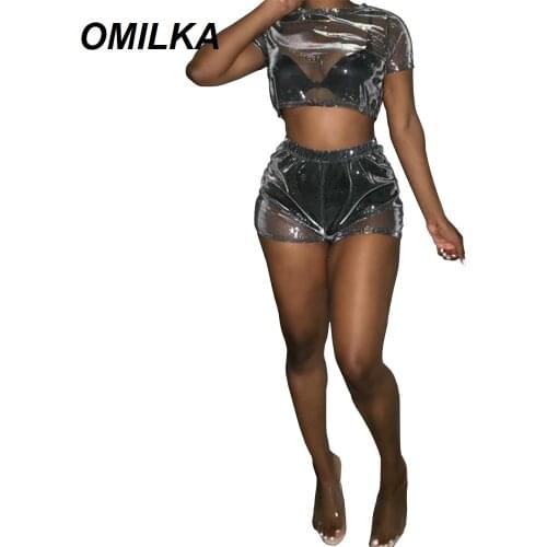 OMILKA Shiny 2 Piece Crop Top and Shorts Set Women 2019 Summer Women Short Sleeve Transparent Bling Mesh Club Party Tracksuits