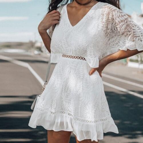 White Lace Summer Womens Dress Elegant V Neck Half Sleeve High Waist Skinny Knee Length See Through Mini Dress Plus Size 2021