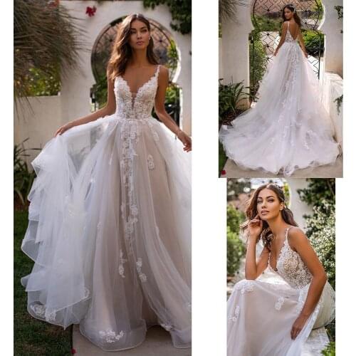 2021 Wedding Dress Long Boho A-Line Backless 3D Flowers Spaghetti Straps Bride Dresses Princess Floor Length Vestido De Noiva