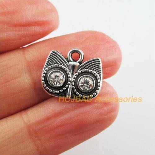 25 New Aniaml Charms Clear Crystal Owl Pendants Tibetan Silver Color 13x15mm