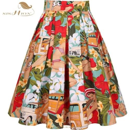 2021 Women Gothic Floral Printed Pleated Skirt Summer High Waist Korean Harajuku Japanese Pinup Retro Vintage Midi Skirts SS0012
