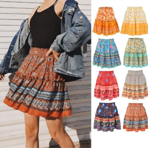 2021 Womens Printed Short Skirt Bohemian National Style Lotus Leaf Skirt Girls' Daily Leisure Maxi Dress Jujube Red