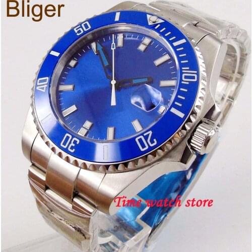 Bliger 43mm Miyota 8215 blue strile dial automatic watch men Sapphire glass luminous waterproof SS bracelet 174