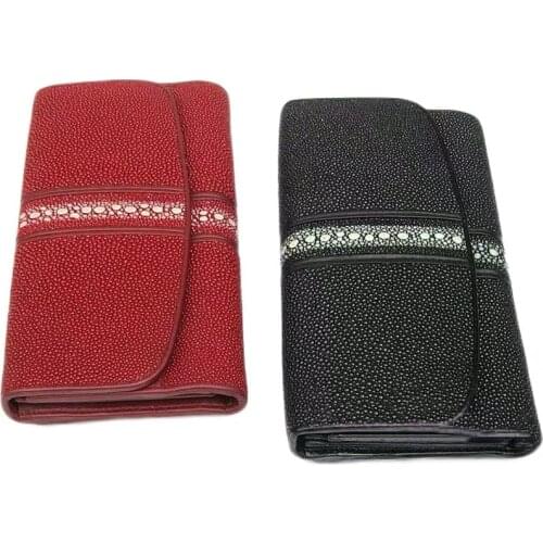 Unisex Style Authentic Stingray Skin Mens Long Black Trifold Wallet Exotic Genuine Leather Dark Red Female Large Clutch Purse