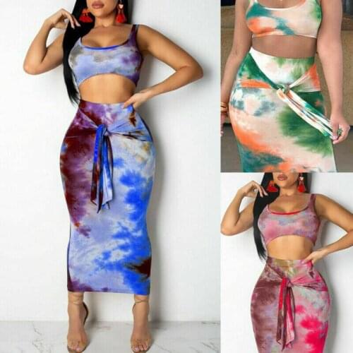 Women Bodycon 2Pcs Set Printed Slim Sleeveless Croped Tops + High Waist Skirt Party Clubwear
