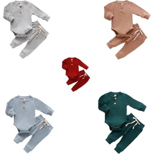 Baby Outfits Two Piece Solid Sets Infant Toddler Newborn Girls Boys Autumn Winter Baby Girl Boy Long Sleeve Romper Pants 0-24M
