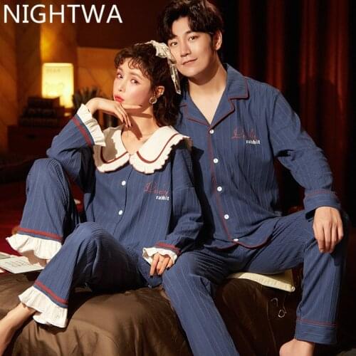 NIGHTWA Sweet Pajama Suit Cotton Pajamas Sets Couple Sleepwear Family Pijama Lover Night Suit Nightgown Women And Man Sleep 2PC