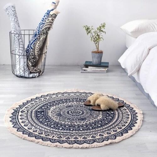 Morocco Round Rug Boho Style Tassel Cotton Fabric Carpet Mat Door Blanket Living Room Home Office Decoration