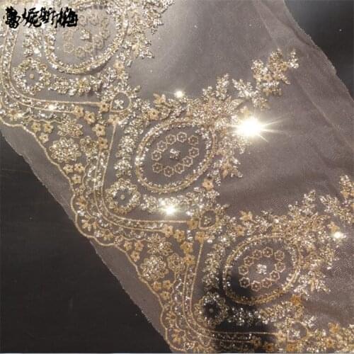 Delicate 3Meters Hot fix Glitter Wedding Dress Flat Lace Applique Flower Gold Embroidery Lace Accessories Trim 29cm LJ0052