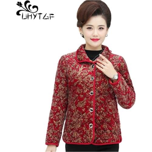 UHYTGF Womens Jacket Fashion Printing Autumn Winter Cotton Coat Plus Velvet Warm 5XL Large Size Outwear Short Parker Female 1442