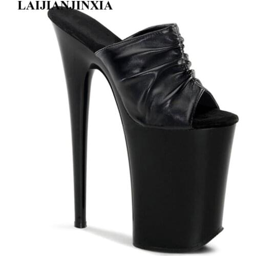 LAIJIANJINXIA New Lady Fashion 23cm High Heel Shoes Platform Black Pleated Slippers 9 Inch Sexy Clubbing Exotic Slippers