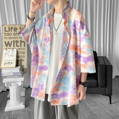 Summer Short-sleeved Shirts Mens Fashion Printed Casual Shirts Men Streetwear Korean Loose Tie-dye Shirts Mens Hawaiian Shirts
