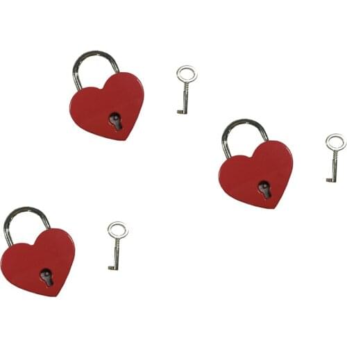 Set of 3 Heart Shape & Key Vintage Padlock Travel Locker Set 39mm - Red M