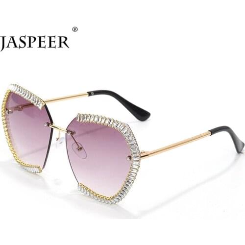 JASPEER 2020 Oversized Rimless Sunglasses Women Zircon Diamond Square Metal Frame Sun Glasses Men Brand Designer Ladies Shades