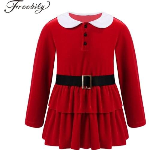 Kids Girls Christmas Costume Santa Cosplay Outfit Long Sleeve Velvet Red A-line Dress With Waistband New Year Xmas Party Dress